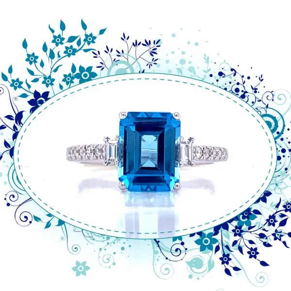 Emerald Cut Blue Topaz and Diamond Ring Image 3 Bryan Jewelry Prattville, AL