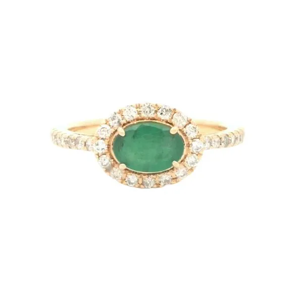 East to West Emerald with diamond halo and shank in 14ky Bryan Jewelry Prattville, AL