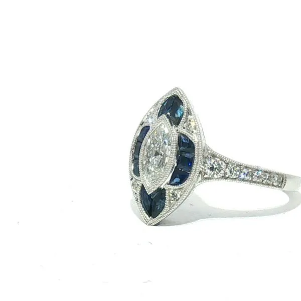 18k White Gold Sapphire & Diamond Ring with Marquise Diamond Center Image 2 Bryan Jewelry Prattville, AL