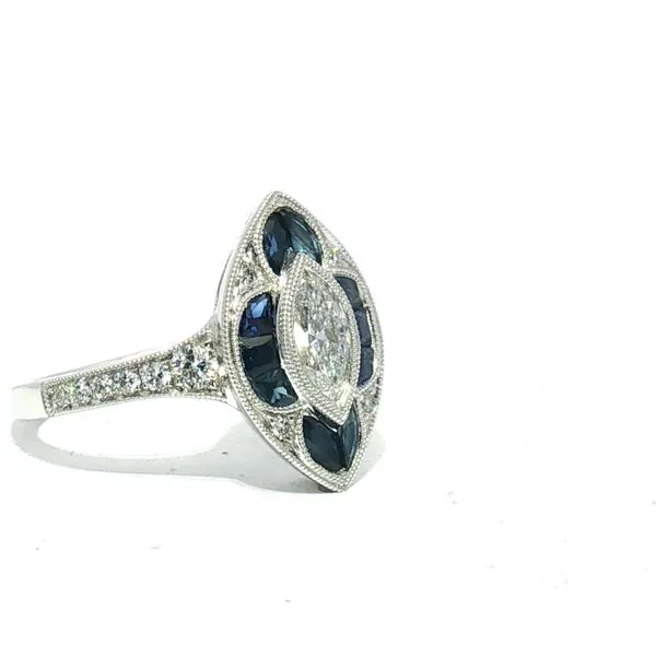 18k White Gold Sapphire & Diamond Ring with Marquise Diamond Center Image 3 Bryan Jewelry Prattville, AL