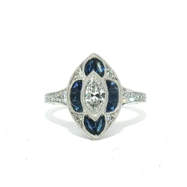 18k White Gold Sapphire & Diamond Ring with Marquise Diamond Center Bryan Jewelry Prattville, AL
