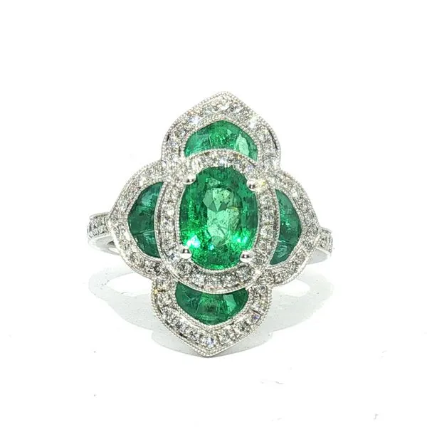 18k White Gold Emerald & Diamond Ring with Milgrain Detail Bryan Jewelry Prattville, AL