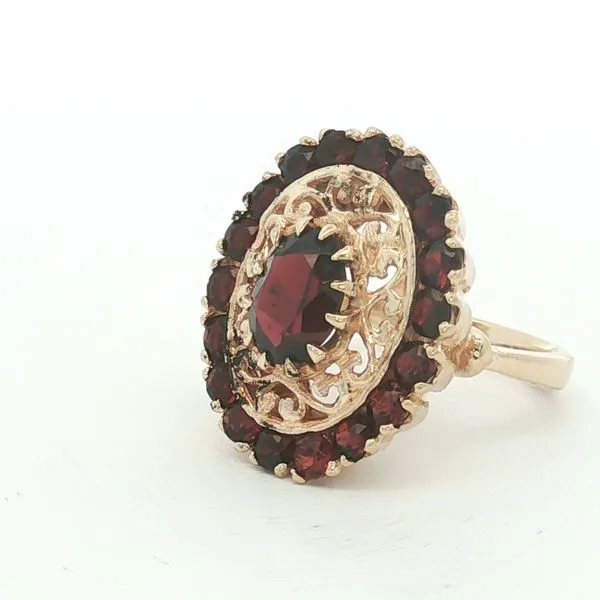 Previously Loved: 14KY Oval Garnet Ring with Garnet Halo & Pierced Gold Frame Image 3 Bryan Jewelry Prattville, AL