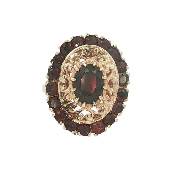 Previously Loved: 14KY Oval Garnet Ring with Garnet Halo & Pierced Gold Frame Bryan Jewelry Prattville, AL