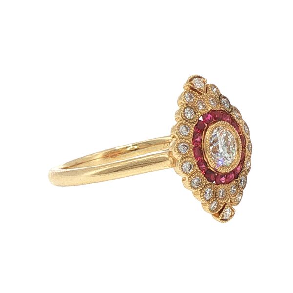 Heirloom Romance: Vintage-Inspired Ruby & Diamond Halo Ring in 18K Yellow Gold Image 2 Bryan Jewelry Prattville, AL