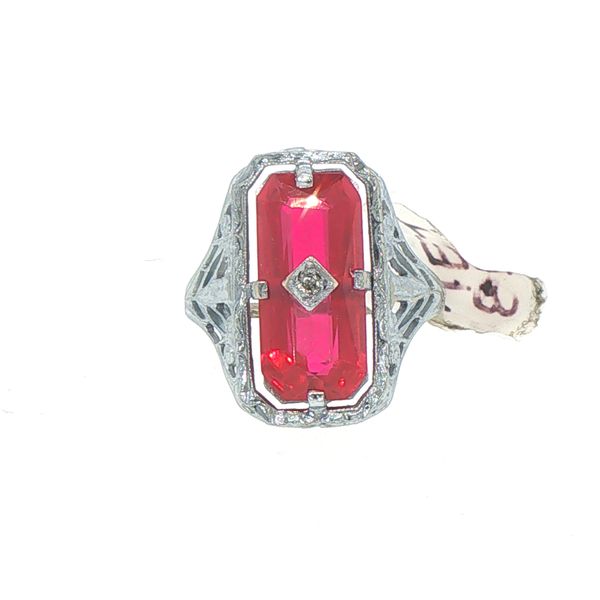 Filigree Estate Synthetic Ruby & Diamond Ring Bryan Jewelry Prattville, AL
