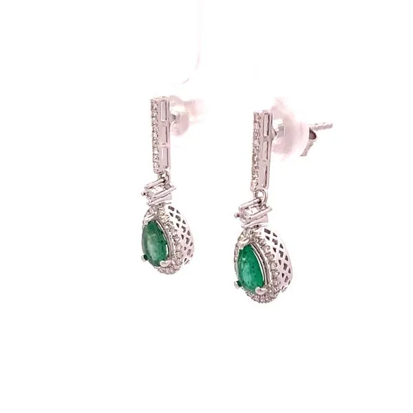 14k White Gold Emerald & Diamond Dangle Earrings Image 2 Bryan Jewelry Prattville, AL