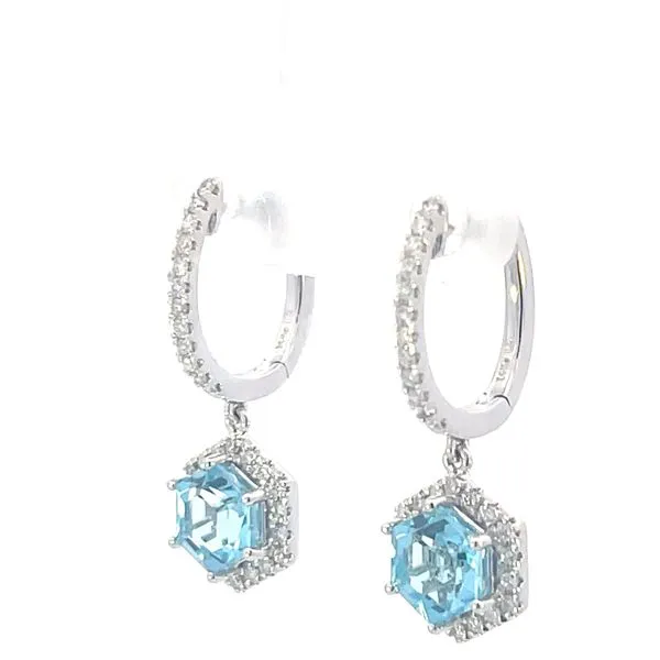 Hexagon Cut Blue Topaz & diamond dangle earrings in 14kw Image 3 Bryan Jewelry Prattville, AL