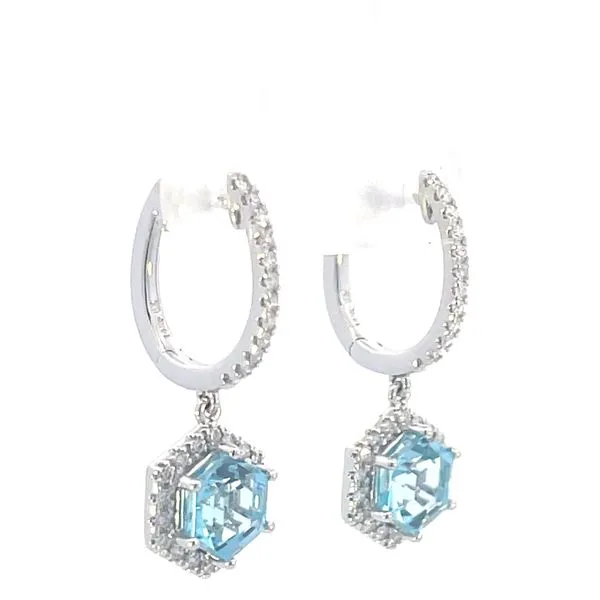 Hexagon Cut Blue Topaz & diamond dangle earrings in 14kw Image 4 Bryan Jewelry Prattville, AL
