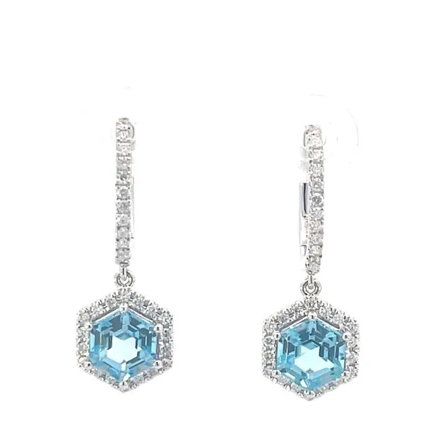 Hexagon Cut Blue Topaz & diamond dangle earrings in 14kw Bryan Jewelry Prattville, AL