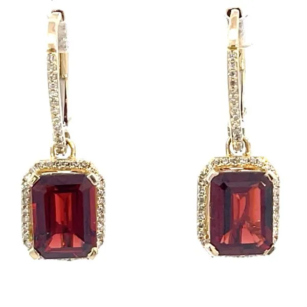 Garnet & .22ctw diamond dangle leverback earrings in 14ky 4.8g Bryan Jewelry Prattville, AL