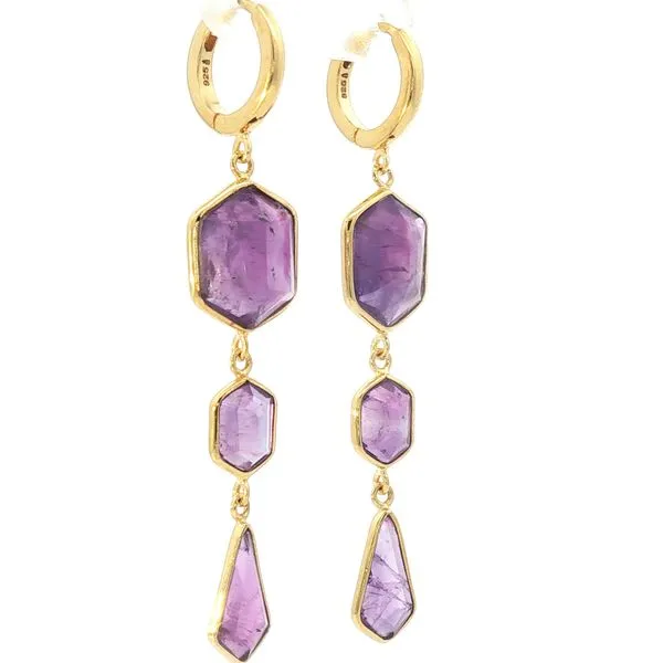 GEO Silver Earrings. 18k Gold Plate featuring three stone Amethyst Drop Image 3 Bryan Jewelry Prattville, AL