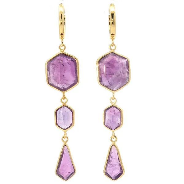 GEO Silver Earrings. 18k Gold Plate featuring three stone Amethyst Drop Bryan Jewelry Prattville, AL