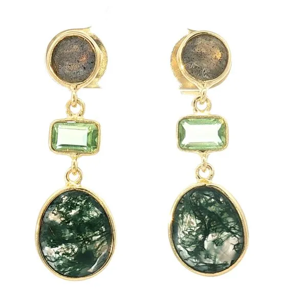 Jorge Revilla three stone drop earrings with Labradorite, Green Amethyst (Prasiolite) and Moss Agate Bryan Jewelry Prattville, AL