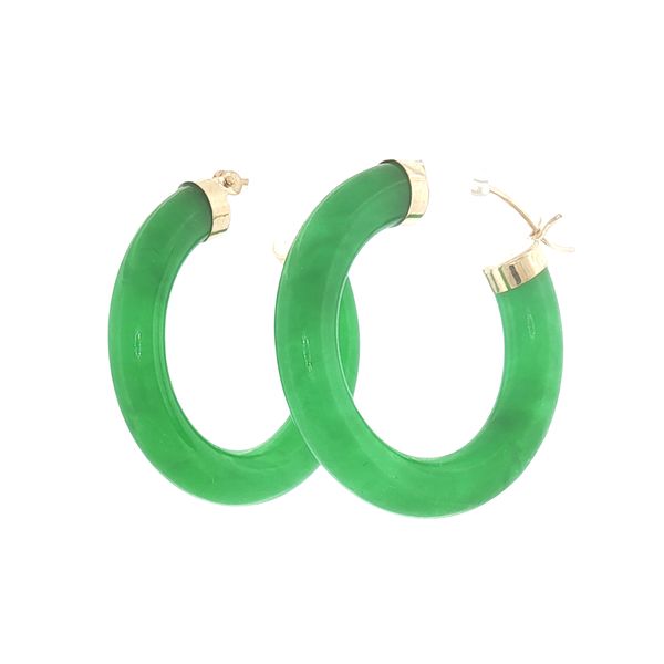 Graceful Glow: 14K Yellow Gold Green Jade Hoop Earrings Image 2 Bryan Jewelry Prattville, AL