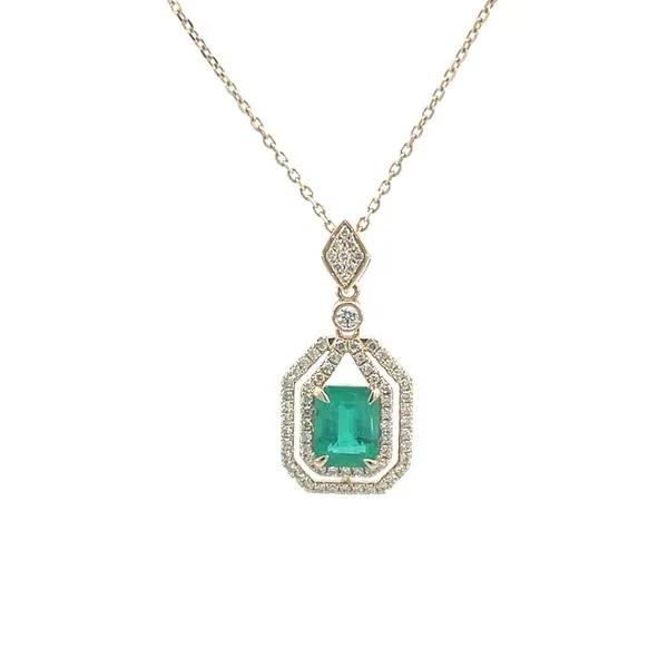 Double halo emerald cut emerald & diamond pendant with adjustable chain Image 5 Bryan Jewelry Prattville, AL