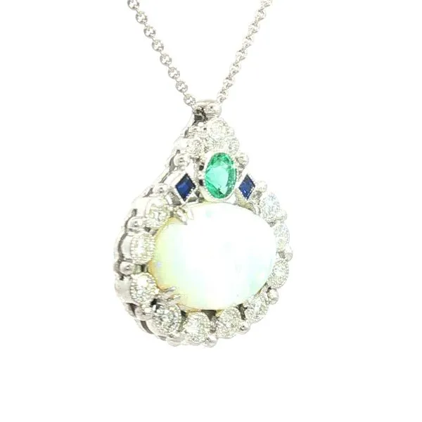 One-of-a-Kind Opal, Emerald, Sapphire & Diamond Pendant in 14k White Gold Image 3 Bryan Jewelry Prattville, AL