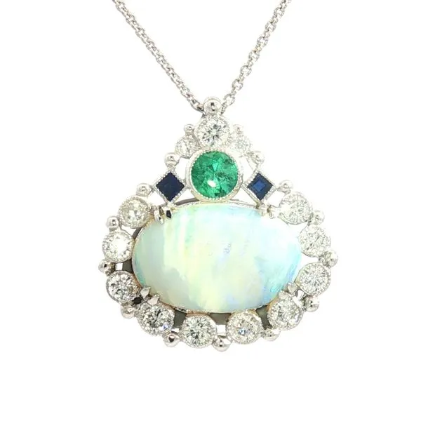 One-of-a-Kind Opal, Emerald, Sapphire & Diamond Pendant in 14k White Gold Bryan Jewelry Prattville, AL
