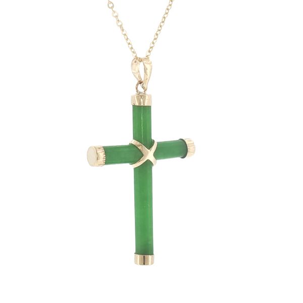 Serene Faith: 14K Yellow Gold Green Jade Cross Pendant Necklace Image 2 Bryan Jewelry Prattville, AL