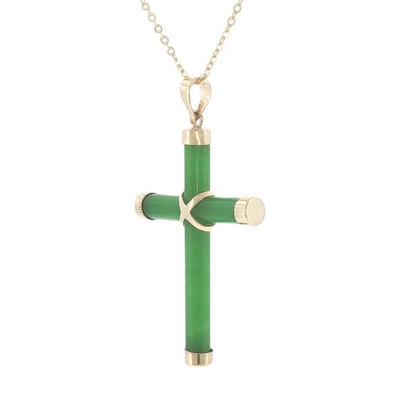 Serene Faith: 14K Yellow Gold Green Jade Cross Pendant Necklace Image 3 Bryan Jewelry Prattville, AL