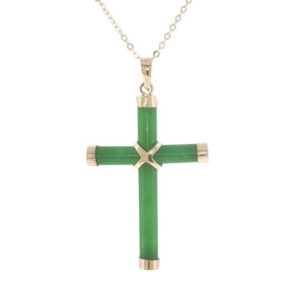 Serene Faith: 14K Yellow Gold Green Jade Cross Pendant Necklace Bryan Jewelry Prattville, AL