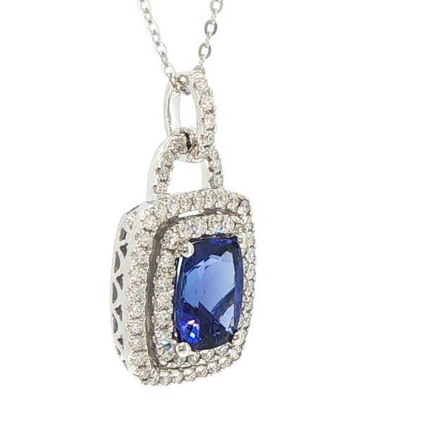 Radiant Layers of Brilliance: Elongated Tanzanite Double Halo Pendant in 18K White Gold Image 2 Bryan Jewelry Prattville, AL
