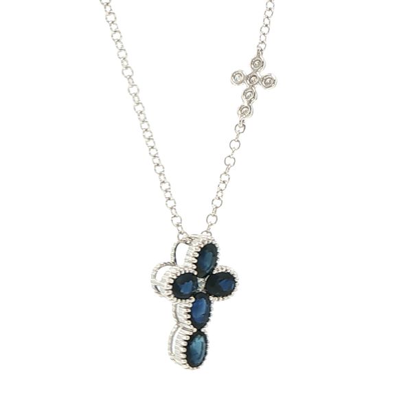 Graceful Faith: Sapphire & Diamond Cross Pendant in 18K White Gold Image 2 Bryan Jewelry Prattville, AL