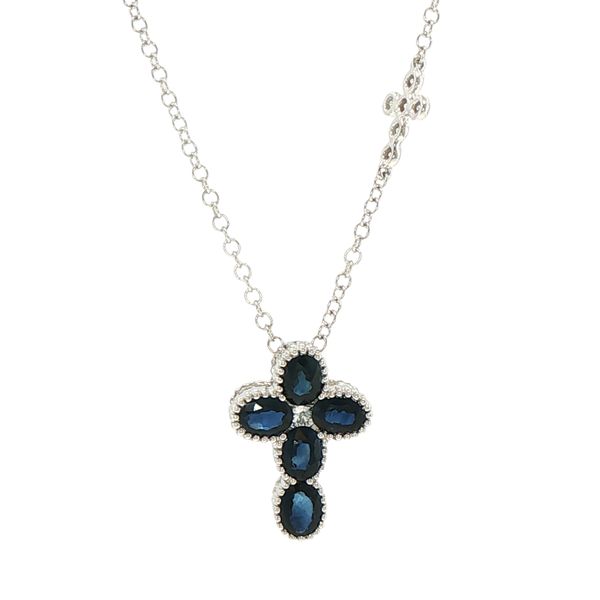 Graceful Faith: Sapphire & Diamond Cross Pendant in 18K White Gold Image 5 Bryan Jewelry Prattville, AL