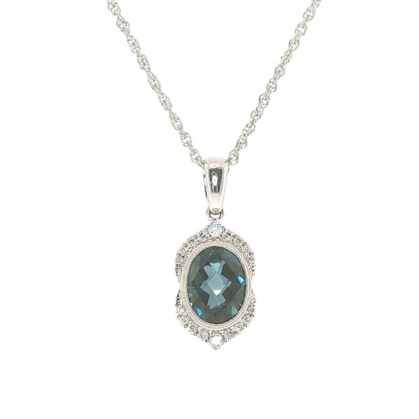 14K White Gold Oval London Blue Topaz  & Natural Diamond Milgrain Pendant Bryan Jewelry Prattville, AL