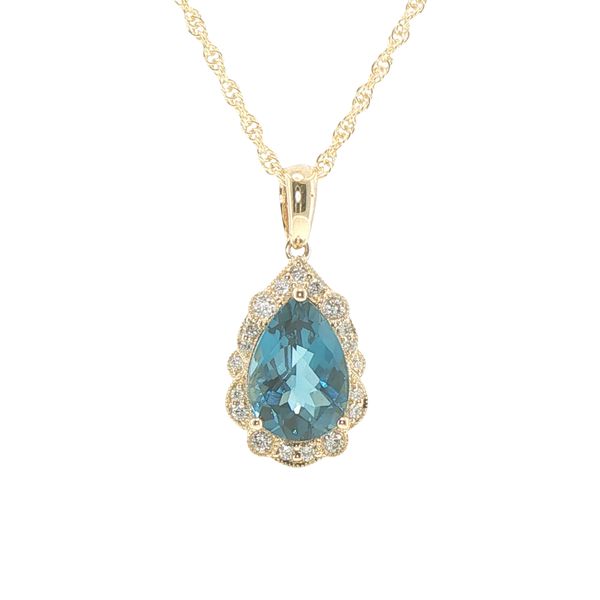 14K Yellow Gold Pear London Blue Topaz & Diamond Pendant Bryan Jewelry Prattville, AL
