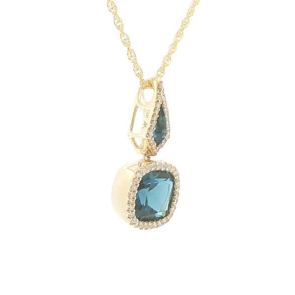 14ky kite shaped and cushion cut London Blue Topaz pendant with natural diamond accented halos create a 2.40tgw pendant showcased on an 18 inch rope c Image 2 Bryan Jewelry Prattville, AL