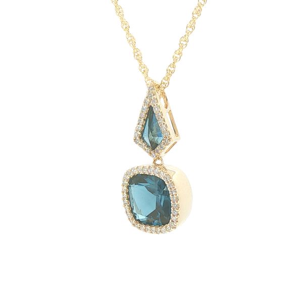 14ky kite shaped and cushion cut London Blue Topaz pendant with natural diamond accented halos create a 2.40tgw pendant showcased on an 18 inch rope c Image 3 Bryan Jewelry Prattville, AL