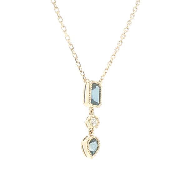 14K Yellow Gold Montana Sapphire & Diamond Three-Stone Pendant Necklace Image 2 Bryan Jewelry Prattville, AL