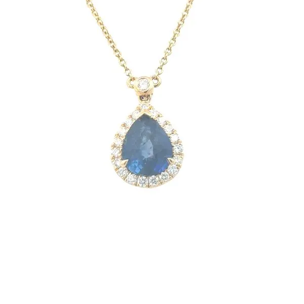 18ky Sapphire & Diamond Halo Pear Shape Necklace Bryan Jewelry Prattville, AL
