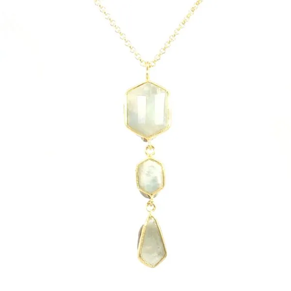 GEO Rainbow Moonstone three stone drop pendant is sterling silver with 18k gold plate Bryan Jewelry Prattville, AL