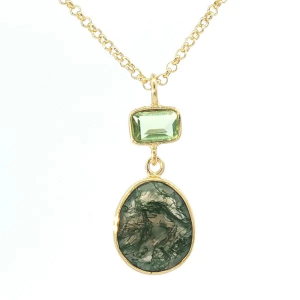 Jorge Revilla- Moss Agate and Green Amethyst (Prasiolite) two stone drop pendant in silver with yellow plate Bryan Jewelry Prattville, AL