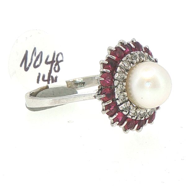 Estate Pearl, Ruby & Diamond Double Halo Ring Image 4 Bryan Jewelry Prattville, AL