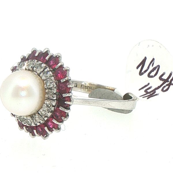 Estate Pearl, Ruby & Diamond Double Halo Ring Image 5 Bryan Jewelry Prattville, AL