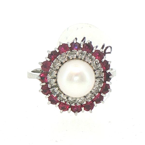Estate Pearl, Ruby & Diamond Double Halo Ring Bryan Jewelry Prattville, AL