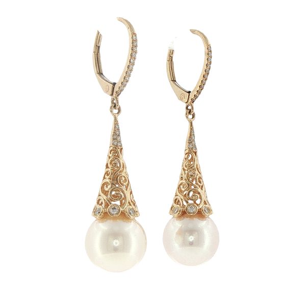 Vintage Grace: Pearl & Diamond Scroll Dangle Earrings in 14K Yellow Gold Image 2 Bryan Jewelry Prattville, AL