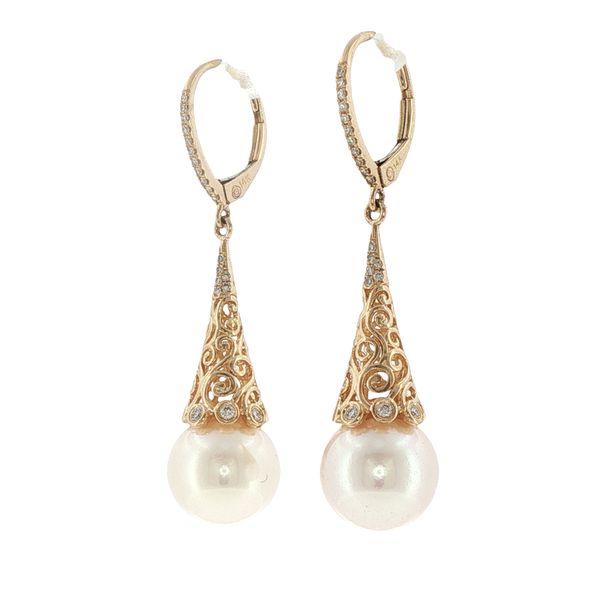 Vintage Grace: Pearl & Diamond Scroll Dangle Earrings in 14K Yellow Gold Image 3 Bryan Jewelry Prattville, AL