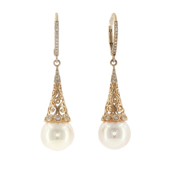 Vintage Grace: Pearl & Diamond Scroll Dangle Earrings in 14K Yellow Gold Bryan Jewelry Prattville, AL