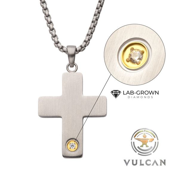1.6mm Lab-Grown Diamond on Matte Finish Steel Engravable Compact Cross Vulcan Pendant Bryan Jewelry Prattville, AL