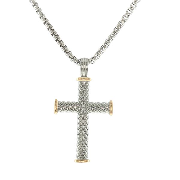 Chevron Detail Faith Cross: Stainless Steel Cross Pendant Necklace with Gold IP Accents Bryan Jewelry Prattville, AL