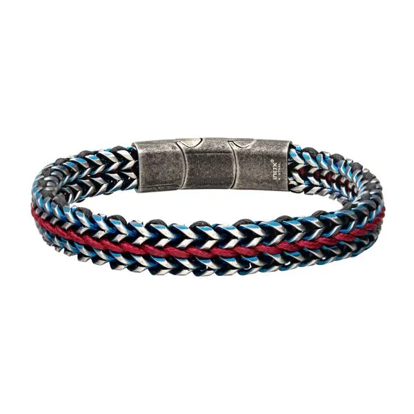 Allegiance Stainless Steel Bracelets with Red Wax Cord binding 2 Blue Antique Brushed Foxtail Links Bryan Jewelry Prattville, AL