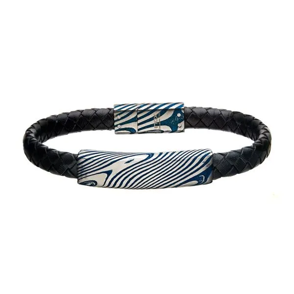 Damascus Steel Blue Plated ID with Black Leather Bracelet Bryan Jewelry Prattville, AL