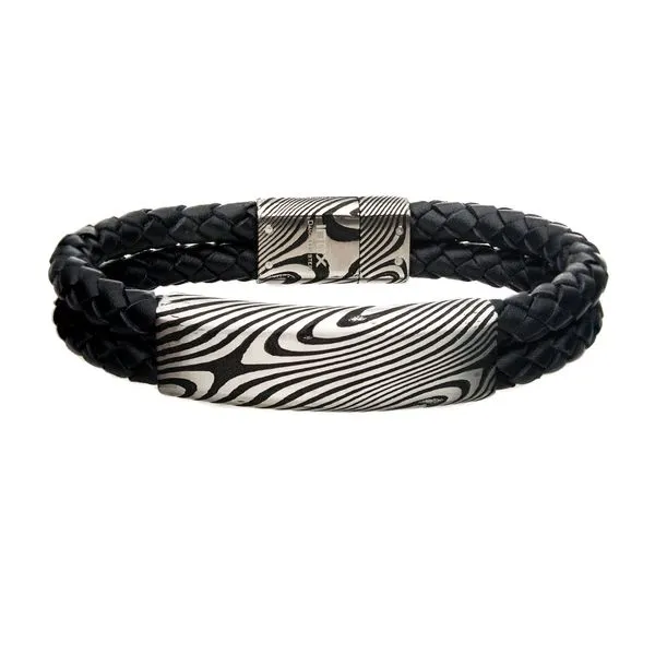 Damascus Steel Black Plated ID with Double Leather Bracelet Bryan Jewelry Prattville, AL