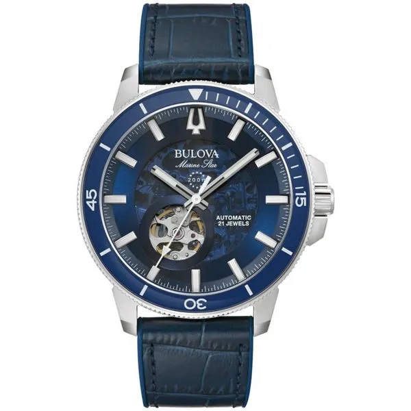 Bulova Classic Marine Star Automatic Blue Leather Strap Watch Bryan Jewelry Prattville, AL