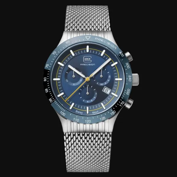 Glock swiss chronograph 43mm silver case with blue strap water resist to 200m Image 4 Bryan Jewelry Prattville, AL