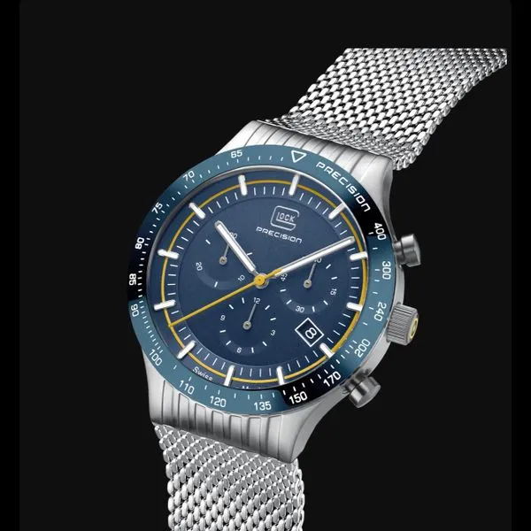 Glock swiss chronograph 43mm silver case with blue strap water resist to 200m Image 5 Bryan Jewelry Prattville, AL